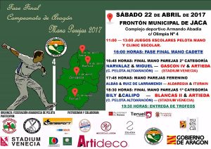 El Frontón Municipal de Jaca acogerá el próximo sábado 22 la final de parejas de pelota mano de Aragón.