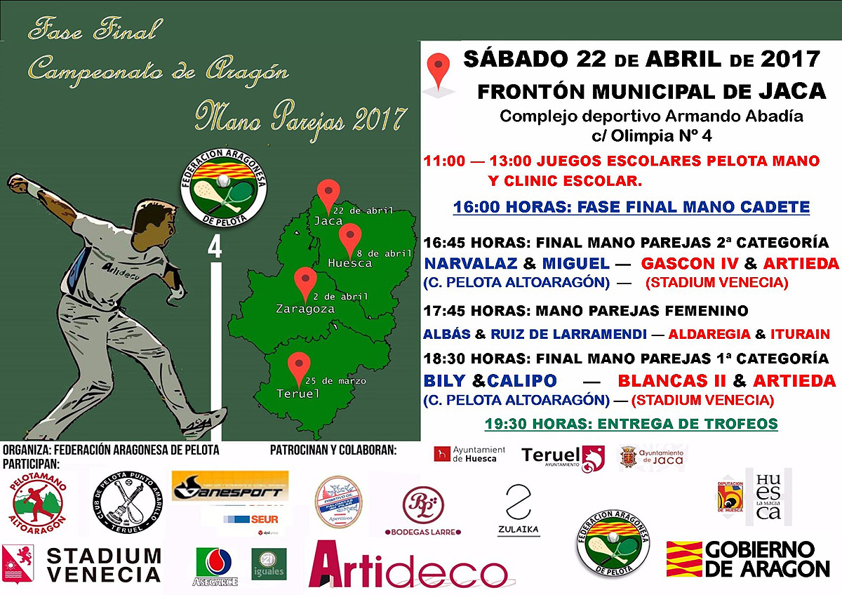 El Frontón Municipal de Jaca acogerá el próximo sábado 22 la final de parejas de pelota mano de Aragón. 