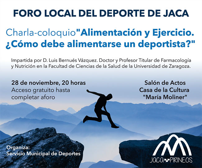 Este próximo martes 28 de noviembre, a las 20 horas, el Salón de Actos de la Casa de la Cultura “María Moliner” acogerá la charla-coloquio “Alimentación y Ejercicio. ¿Cómo debe alimentarse un deportista?, a cargo de D. Luis Bernués Vázquez, doctor y profesor titular de Farmacología y Nutición en la Facultad de Ciencias de la Salud de la Universidad de Zaragoza.