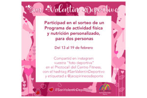 El Servicio Municipal del Deporte ha puesto en marcha, del 13 al 19 de febrero, una programación especial dentro de la parrilla de actividades dirigidas, que consistirá en sesiones basadas en ejercicios por parejas.