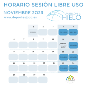 Los horarios de apertura del Pabellón de Hielo de Jaca para el mes de noviembre serán: Sábados, de17:00 a 20:30 h. El sábado 11 de noviembre permanecerá cerrado por la celebración del Torneo 4 naciones de Hockey U18 femenino. Domingos, de 16:30 a 19:30 h. El miércoles 1 de noviembre, el Pabellón de Hielo permanecerá cerrado.